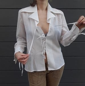 Vintage Sheer Bow Tie White Blouse